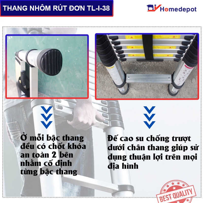 [Mã BMLTB200 giảm đến 100K đơn 499K] Thang Nhôm Rút Đơn DIY TL-I-38 chiều cao sử dụng tối đa 3.8m