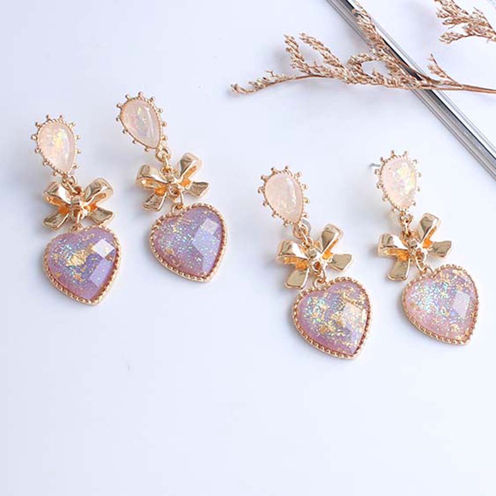 Khuyên tai kim loại tráng resin dáng thả hình nơ xinh xắn cho nữ