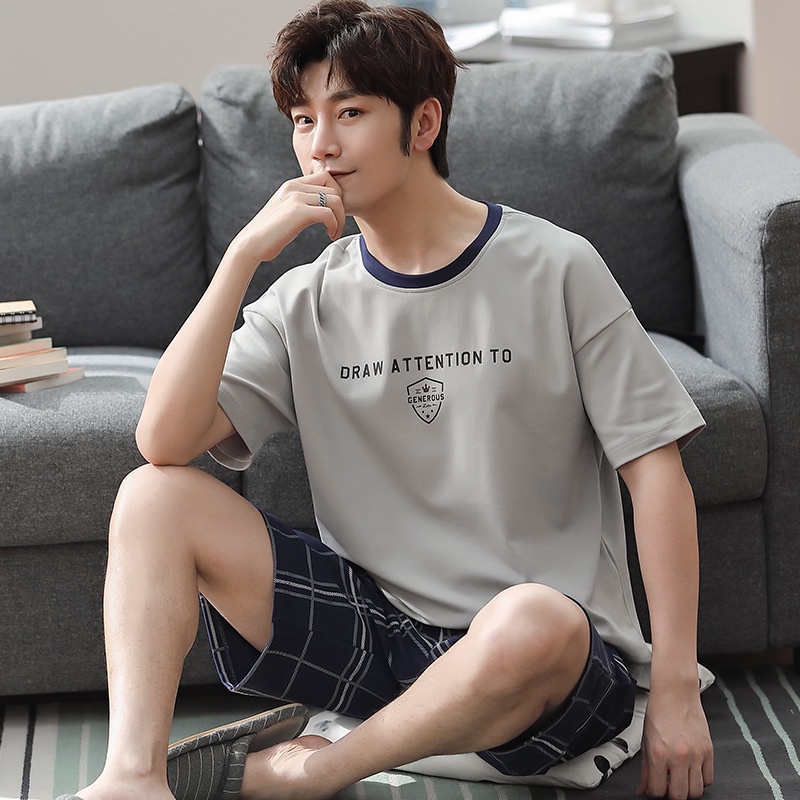 Bộ đồ ngủ gồm áo tay ngắn + quần short dáng rộng bằng cotton nguyên chất thời trang mùa hè cho nam
