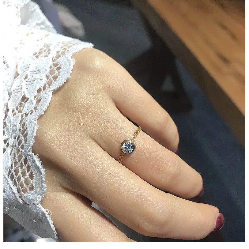 Nhẫn titan mạ vàng hồng 18k đính đá zircon lấp lánh phong cách Hàn Quốc Nhật Bản
