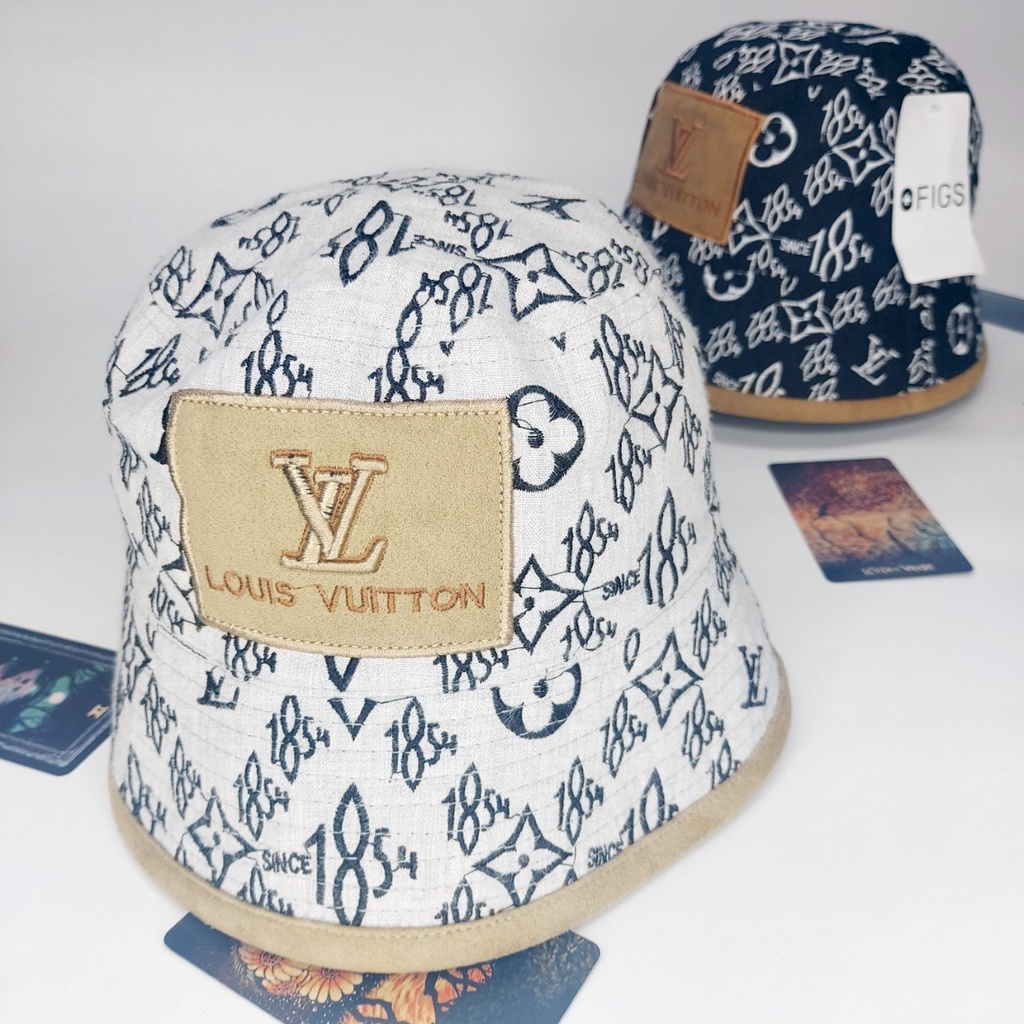 Nón vành , Mũ bucket tròn LV logo da lộn họa tiết đẹp from 56 - 58  có 2 màu