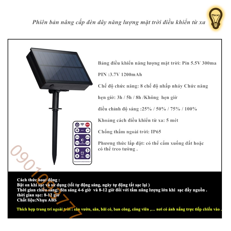 Dây Đèn LED 12M 100LED /22M 200LED  Sử Dụng Năng Lượng Mặt Trời Trang Trí Giáng Sinh , ban công ngoài trời