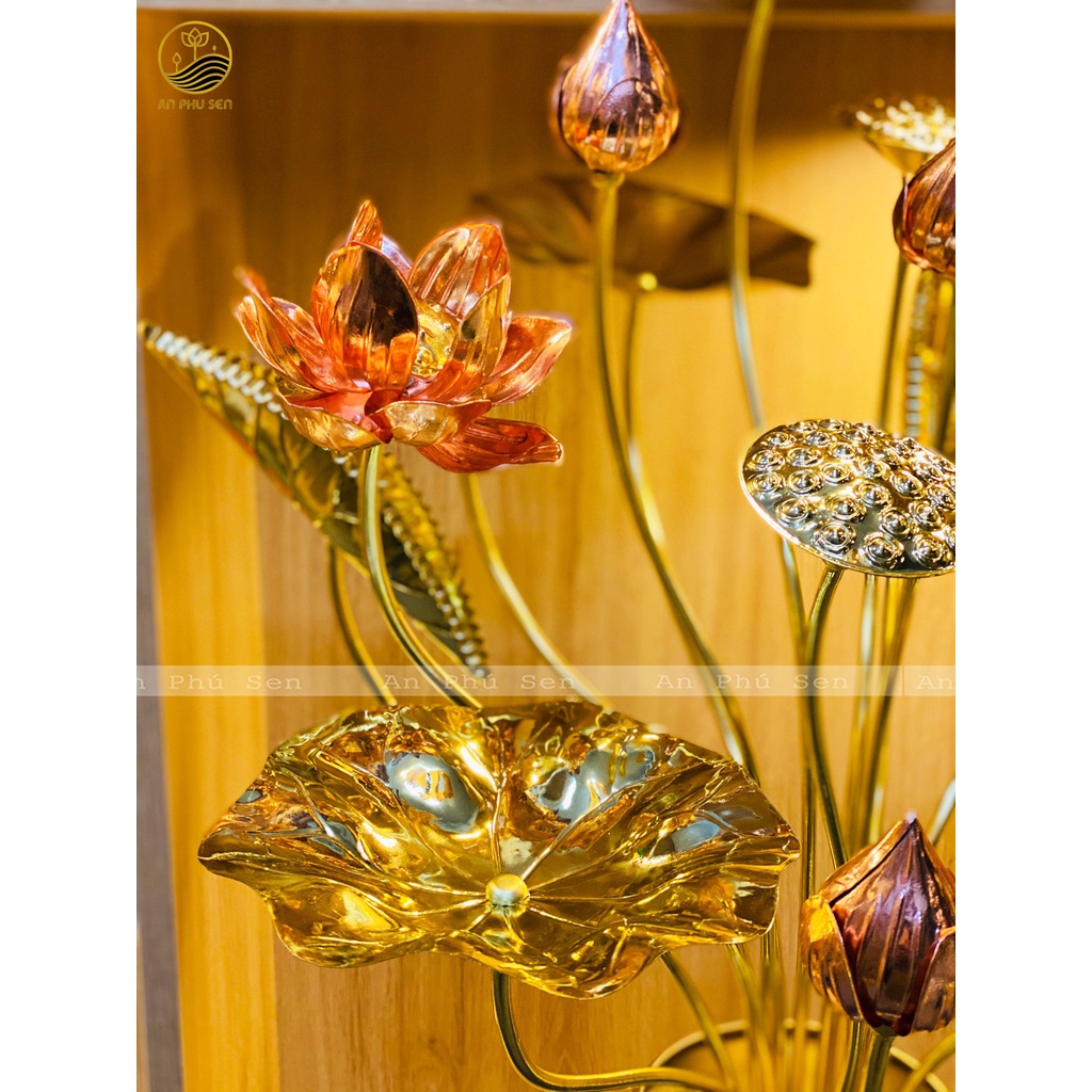 BÓ HOA SEN ĐỒNG 10 CÀNH TRANG TRÍ BAN THỜ CHẤT LIỆU DÀY DẶN