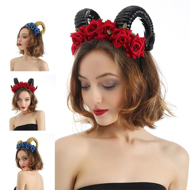 Băng Đô Sừng Cừu Đính Hoa Hồng Nhân Tạo Hóa Trang Halloween