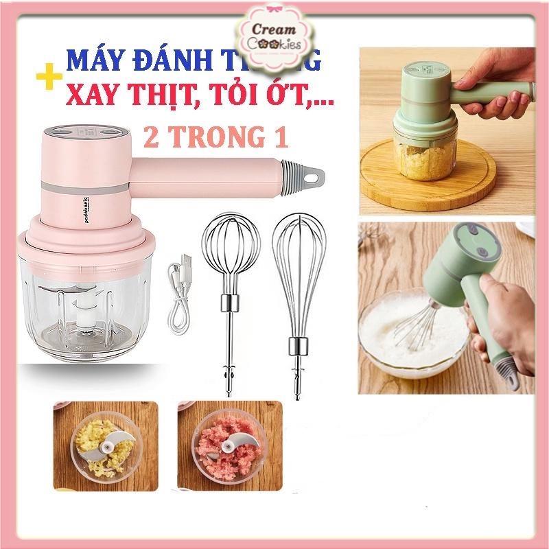 ⚡ Thế Hệ Mới 2021 ⚡ Máy Đánh Trứng Cầm Tay Mini Kiêm Máy Xay Thịt Đa Năng Sạc Tích Điện Xay Tỏi Ớt, Rau Củ Đa Năng