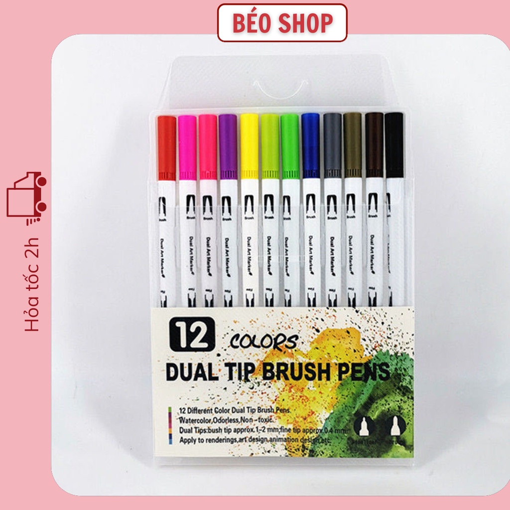 Set 12 bút dual tip brush pens fineliner 2 đầu Béo shop viết calligraphy bút dạ marker trang trí sổ bullet journa B16