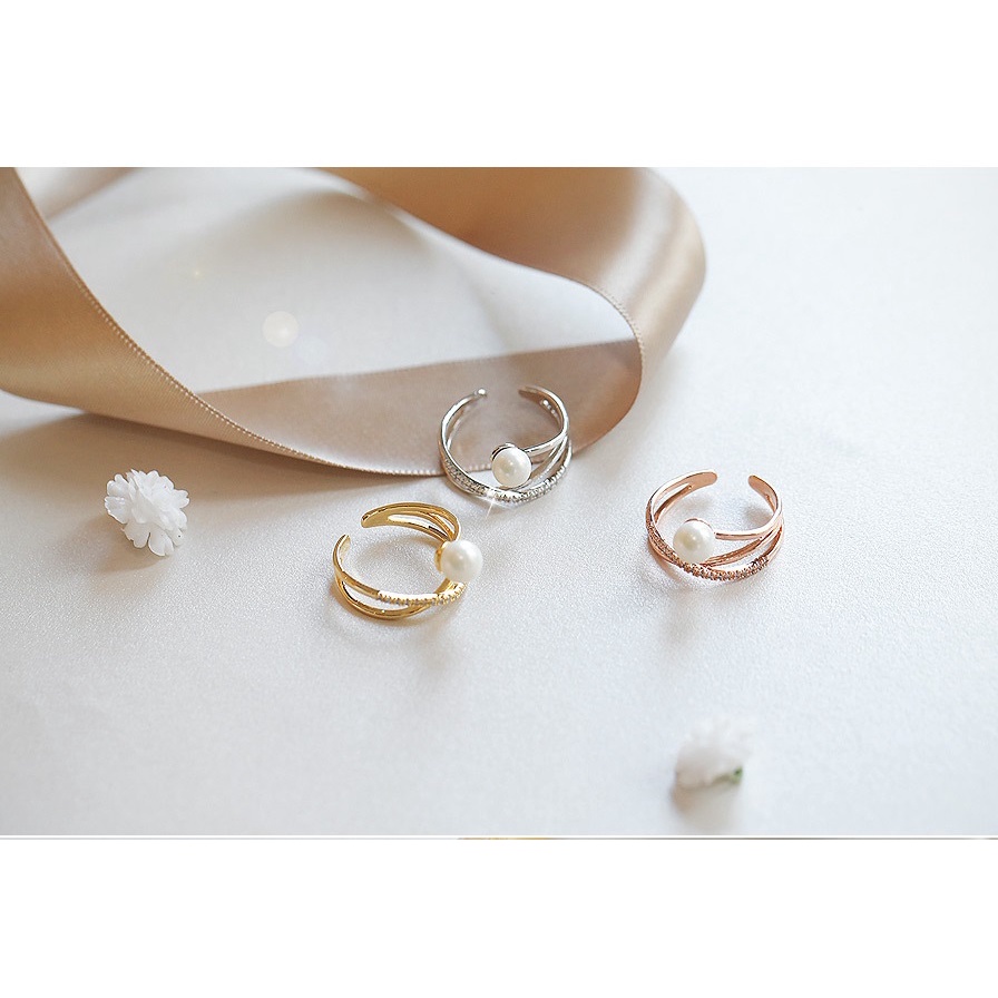 Nhẫn dạng mở Etrendy gắn ngọc trai nhân tạo và zircon thiết kế chéo xinh xắn hợp thời trang cho nữ