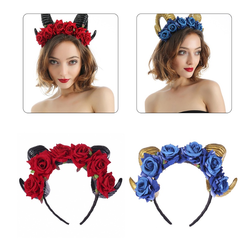 Băng Đô Cài Tóc Hình Sừng Cừu Đính Hoa Hồng Nhân Tạo Phong Cách Gothic Cổ Điển