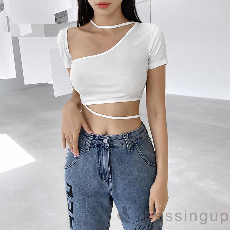Áo Kiểu Tay Ngắn Màu Trơn Cổ Lệch Thời Trang Dành Cho Nữ