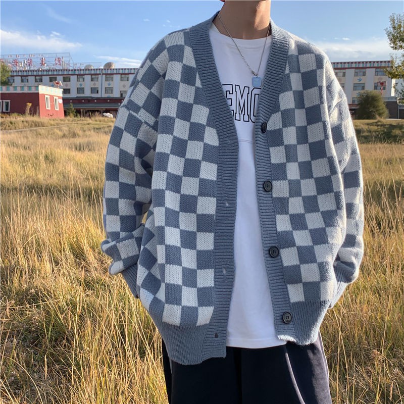 Áo khoác cardigan họa tiết kẻ ô thời trang thu đông cho cặp đôi