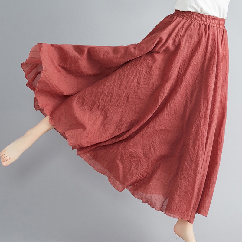 Women Double Layer Linen Maxi Skirt Pleated Vintage Boho Maxi Long Casual Cotton Beach Skirt Dress