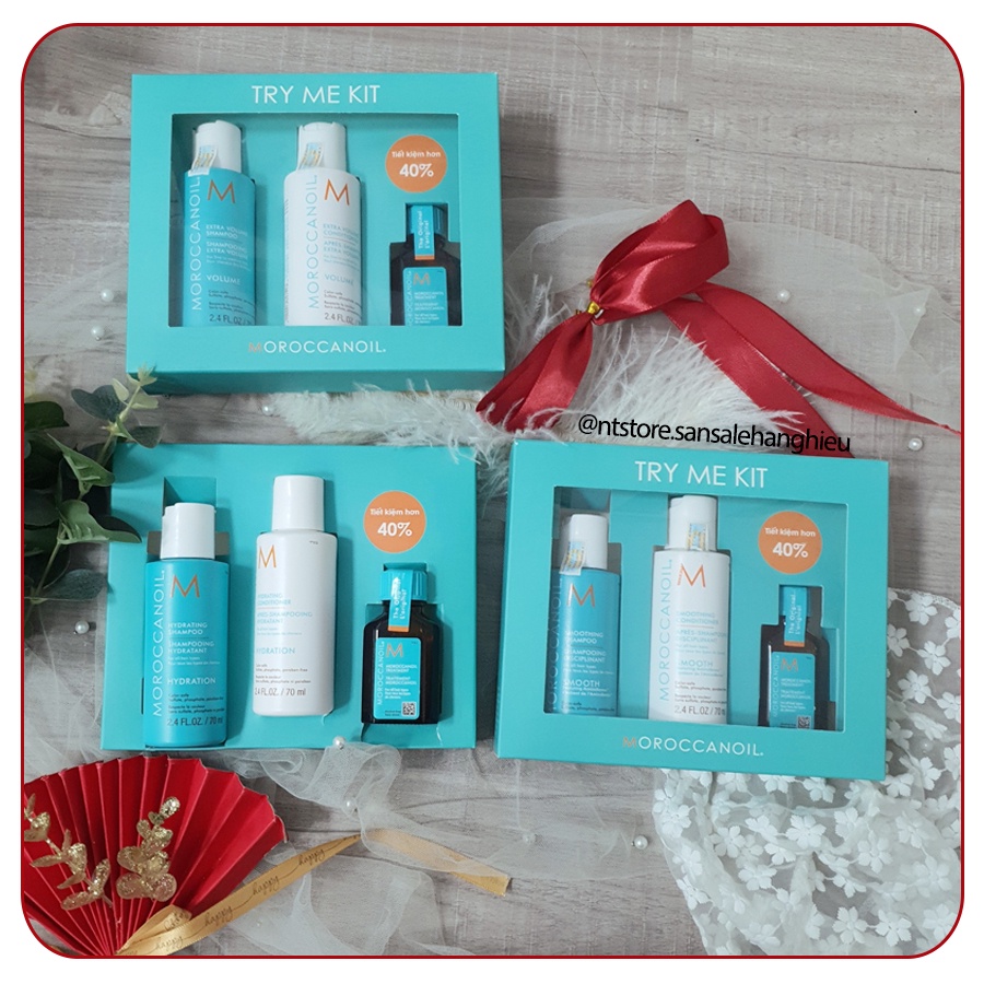 Gội, xả, dưỡng phục hồi tóc xuôn mượt Moroccanoil - Try me kit chính hãng