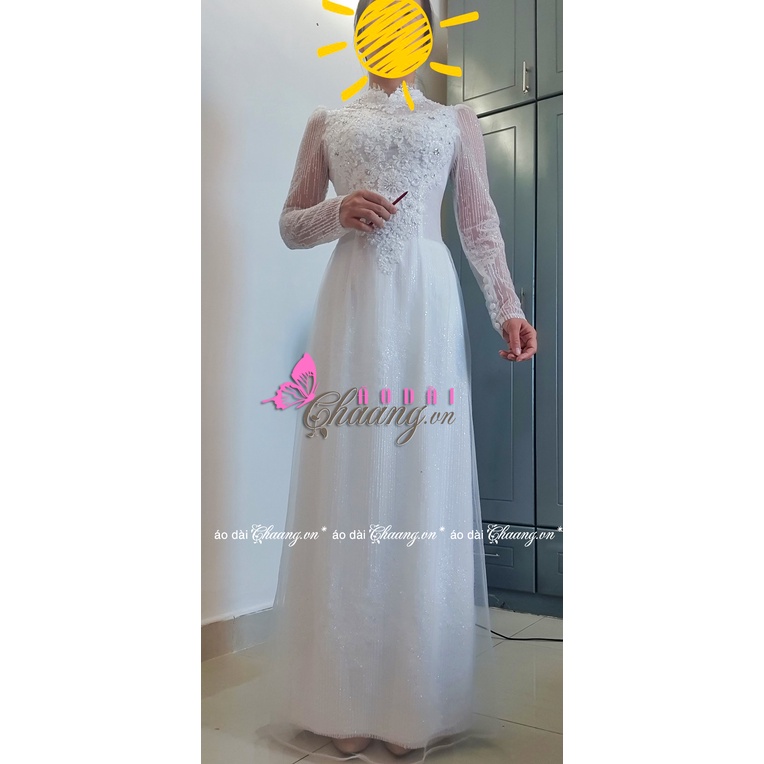 Áo dài cưới áo dài cô dâu 6 tà voan lụa kim sa trắng đẹp lấp lánh cao cấp