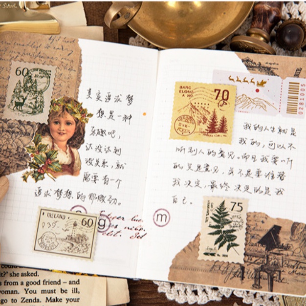 Hộp 45 miếng sticker mẫu tem hình cây thông và thực vật trong rừng