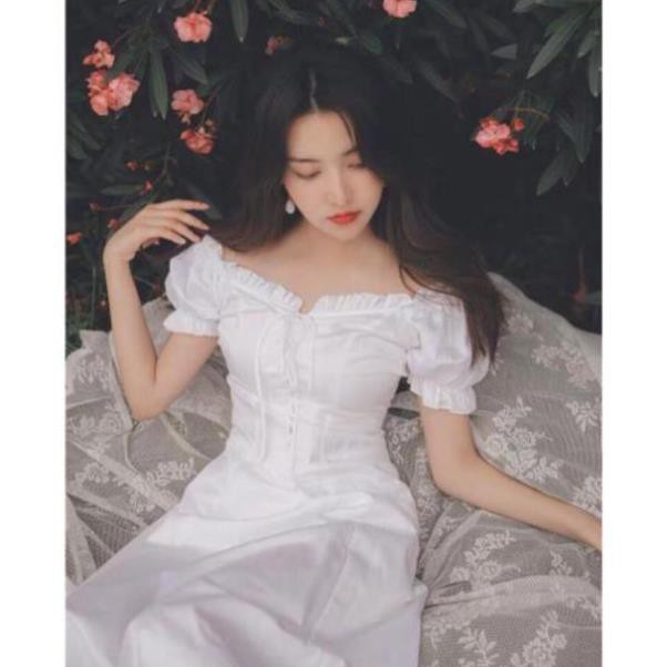 Đầm trắng dạo phố đi biển bèo cổ đan ngực xinh xắn | BigBuy360 - bigbuy360.vn