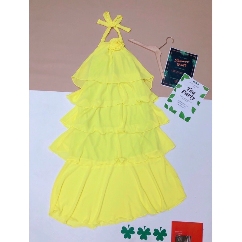 G 10g- đầm maxi i 5 tầng yếm cổ đính hoa, màu theo hình sàn