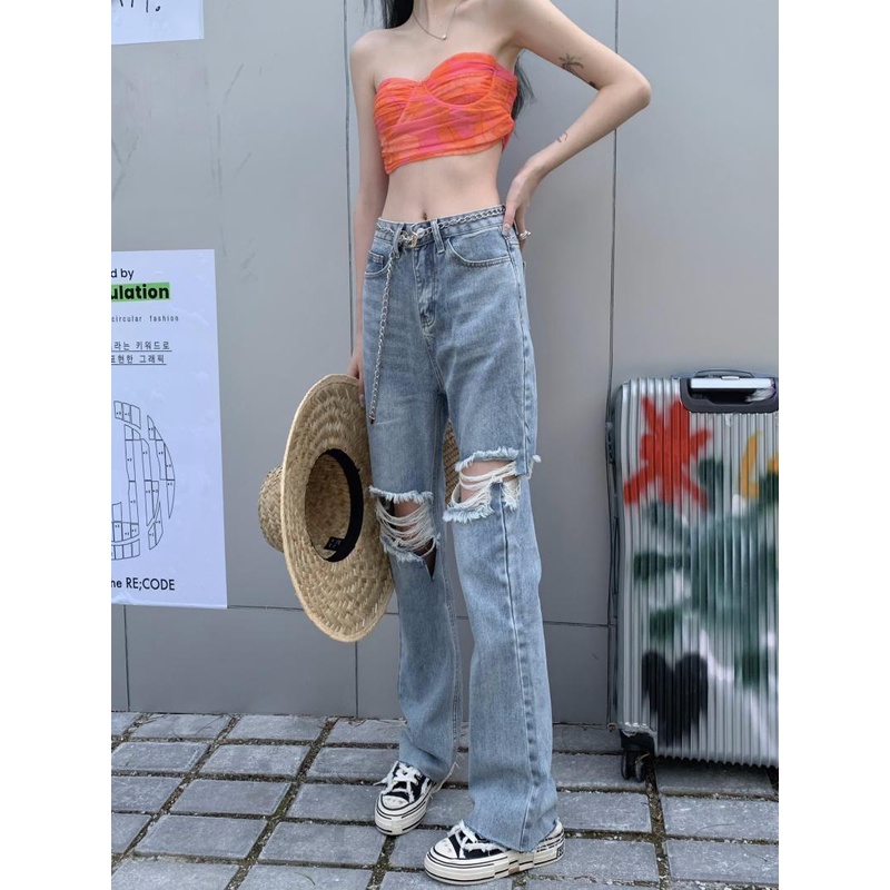 Jiashucheng Quần Jean Dài Rách Gối Phong Cách Retro Cá Tính Dành Cho Nữ