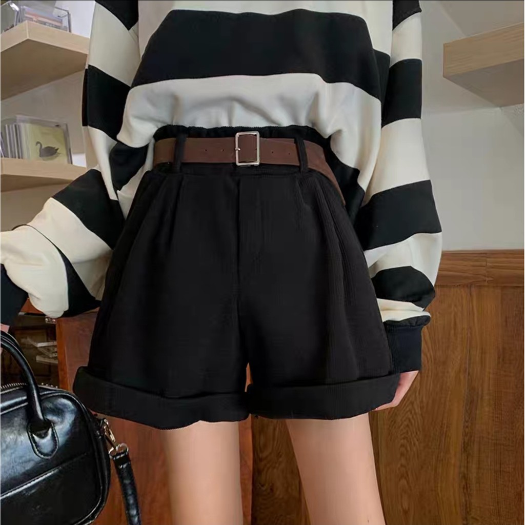 Quần short nhung tăm kèm nịt hàng quảng châu thu đông ống rộng sắn lai