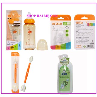 Combo 04 món: Bình sữa Wesser PESU 250ml, Nước rửa Dnee chai 620ml,Núm cổ hẹp Và Cây súc Wesser
