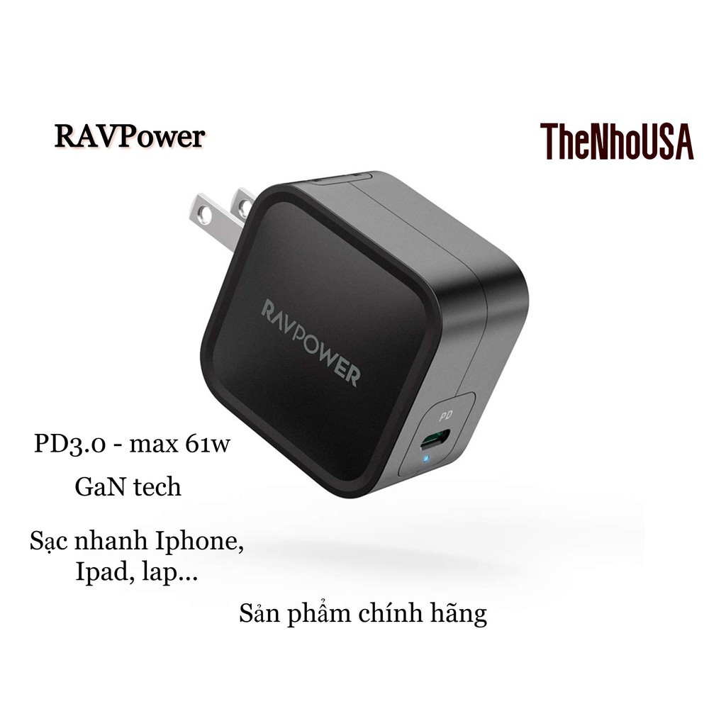 Cốc sạc nhanh siêu nhỏ PD RAVPower 61W USB C thương hiệu đến từ Mỹ - Chính hãng