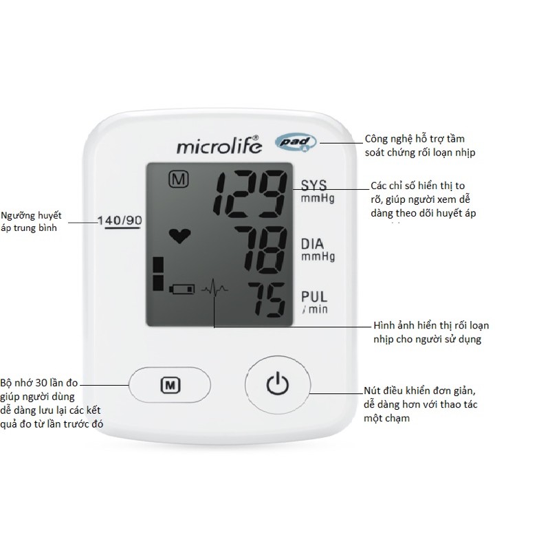 Máy đo huyết áp bắp tay Microlife A2 Classic Nhỏ Gọn 1 đổi 1 trong 5 năm - Thụy Sỹ - Hàng Chính Hãng