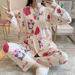 Bộ Đồ Ngủ Cotton Kiểu Kimono Nhật Bản Thời Trang Xuân Thu Cho Nữ