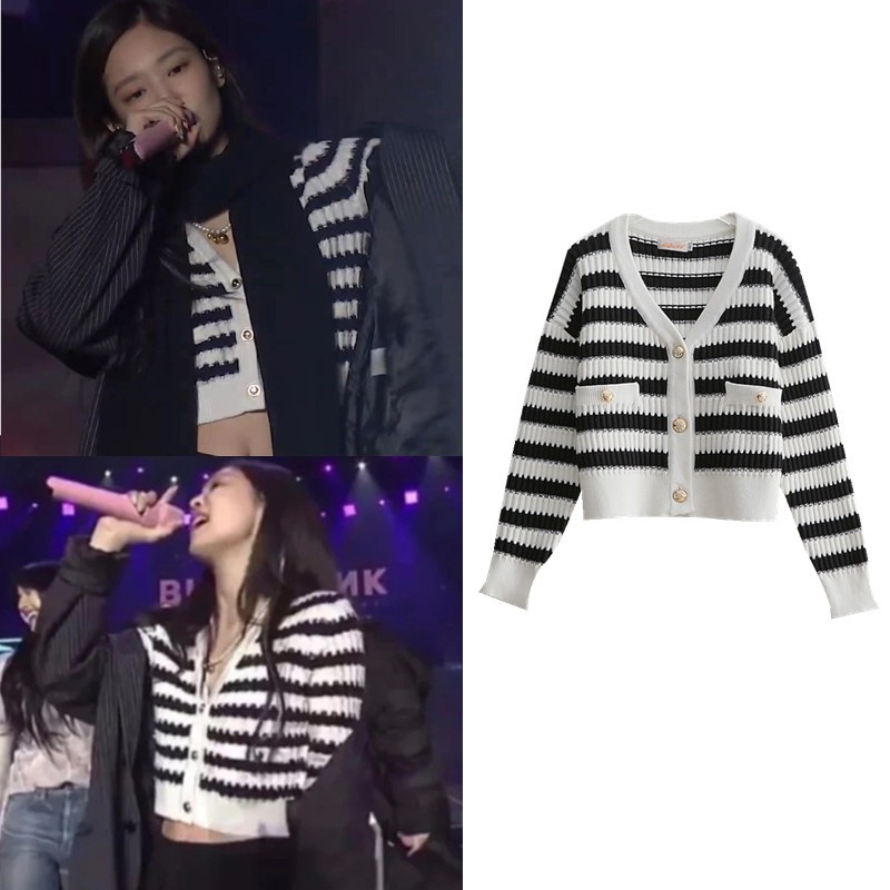 jennie blackpink Áo Khoác Cardigan Kẻ Sọc Trắng Đen Phong Cách Hàn Quốc