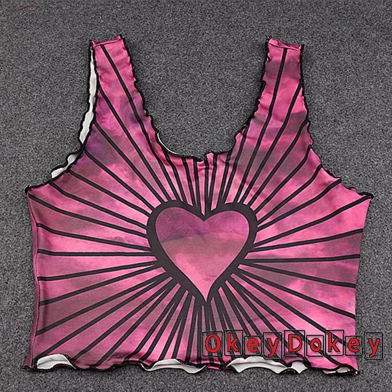 Áo croptop cổ chữ U ôm dáng in họa tiết trái tim quyến rũ cho nữ