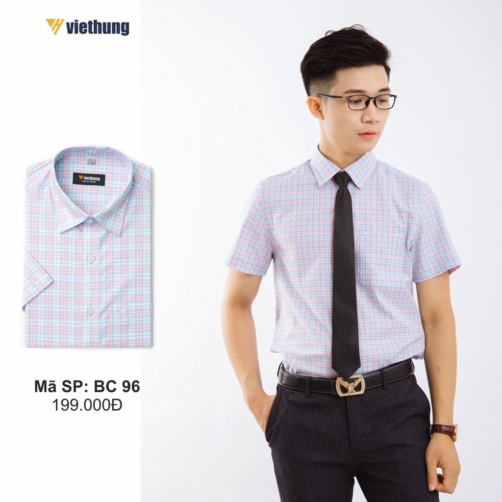 Áo Sơ Mi Nam Công Sở Thương Hiệu Việt Hưng Họa Tiết Caro Trắng Hồng Ngắn Tay Vải Cotton - BC96