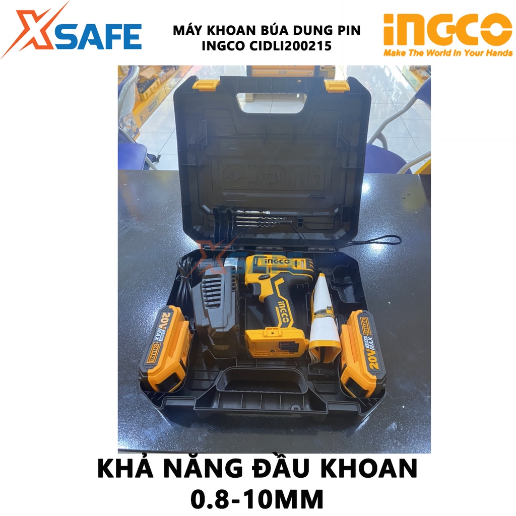 Máy khoan bê tông dùng pin 20V INGCO CIDLI200215 nhông hai tốc độ 400-1500v/p, lực đập 22500v/p, có đèn làm việc