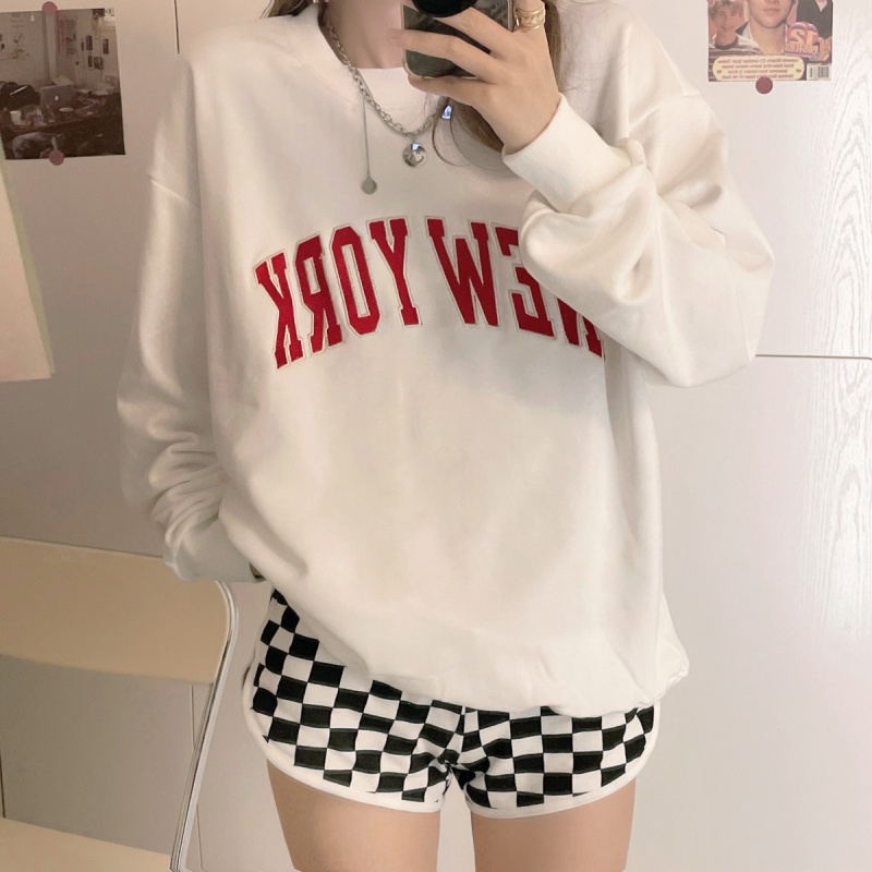 SUXI Áo sweater cổ tròn thêu chữ phong cách mùa thu mới cho nữ