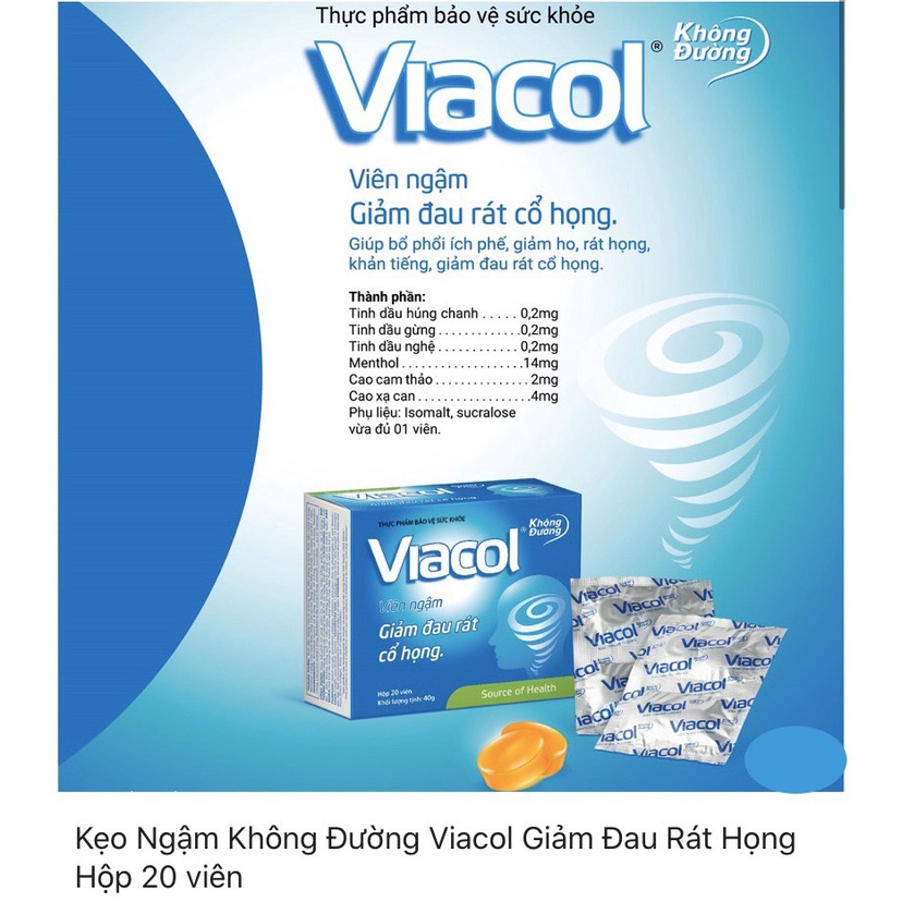 Kẹo ngậm ho không đường Viacol giảm đau rát họng - Hộp 20 viên