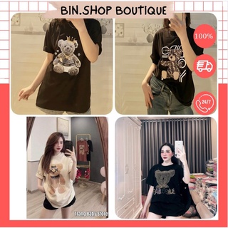 Áo thun unisex - áo phông nam nữ hình gấu form rộng tay lỡ túi zip