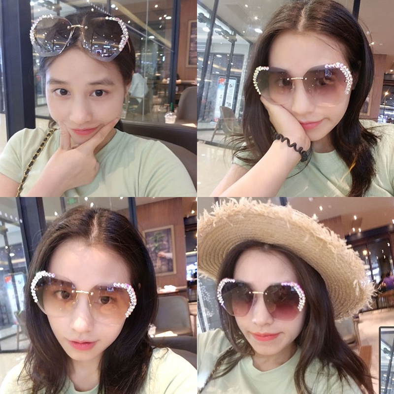 Alicimore Kính Mát Kim Loại Không Viền Cắt Không Viền Đính Kim Cương Trang Trí Cá Tính