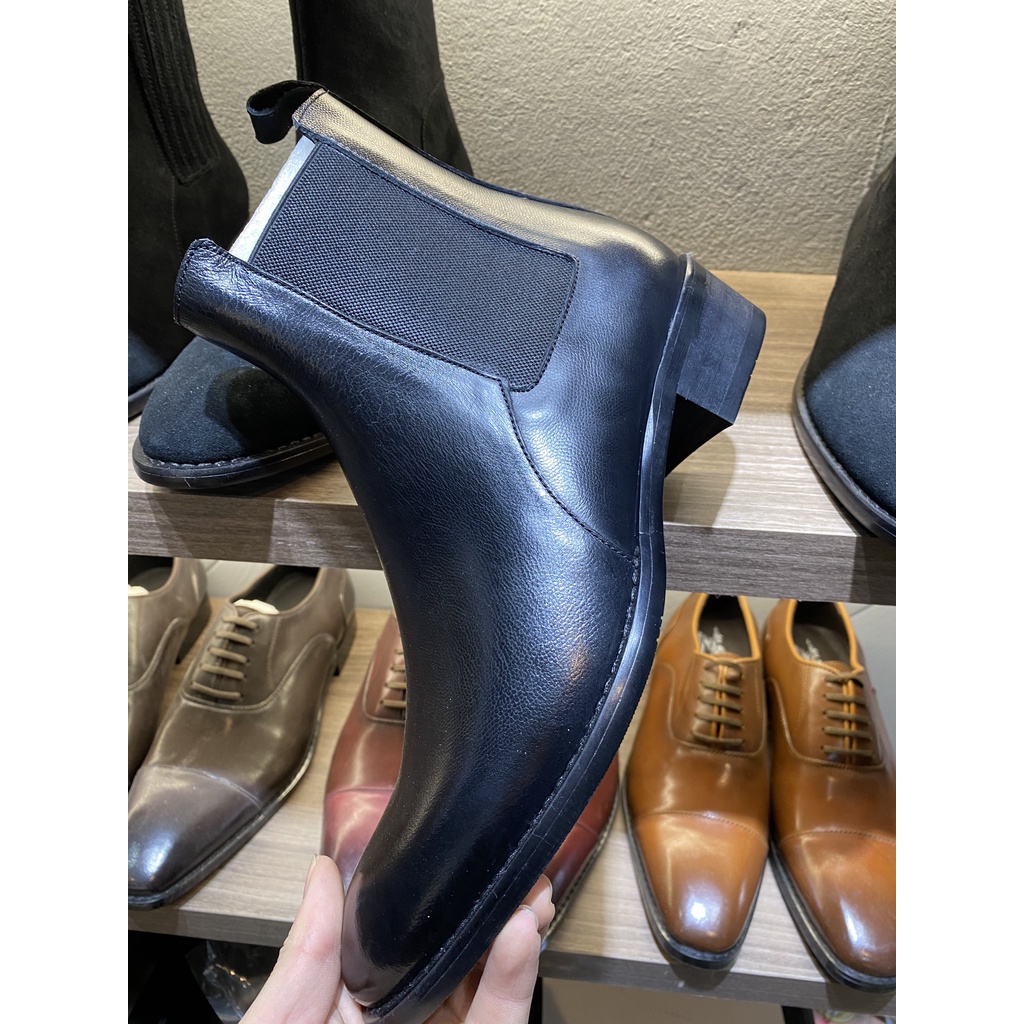 Giày (Bốt Nam) Chelsea Boots  Da Bò Đế Gỗ Cao 4cm BH 12 Tháng