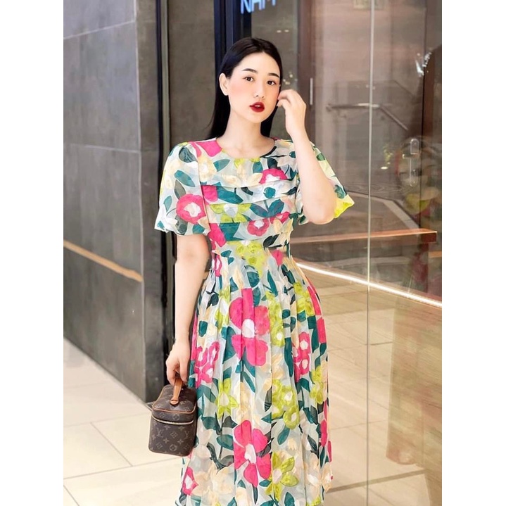 ✨BÁN SỈ✨Đầm hoa voan tay bồng 2 lớp xếp ly ngực