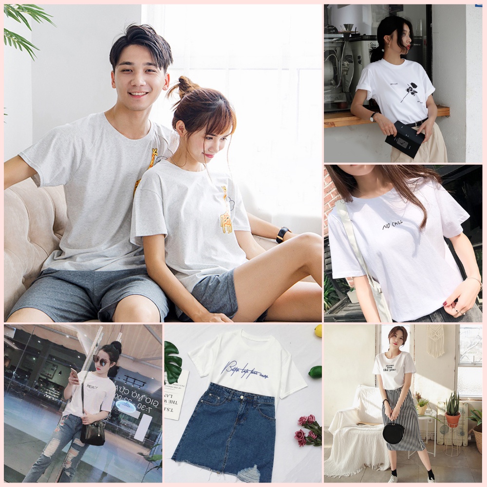 Áo Thun Đôi Màu Trắng In Logo Hình Hươu Cao Cổ
