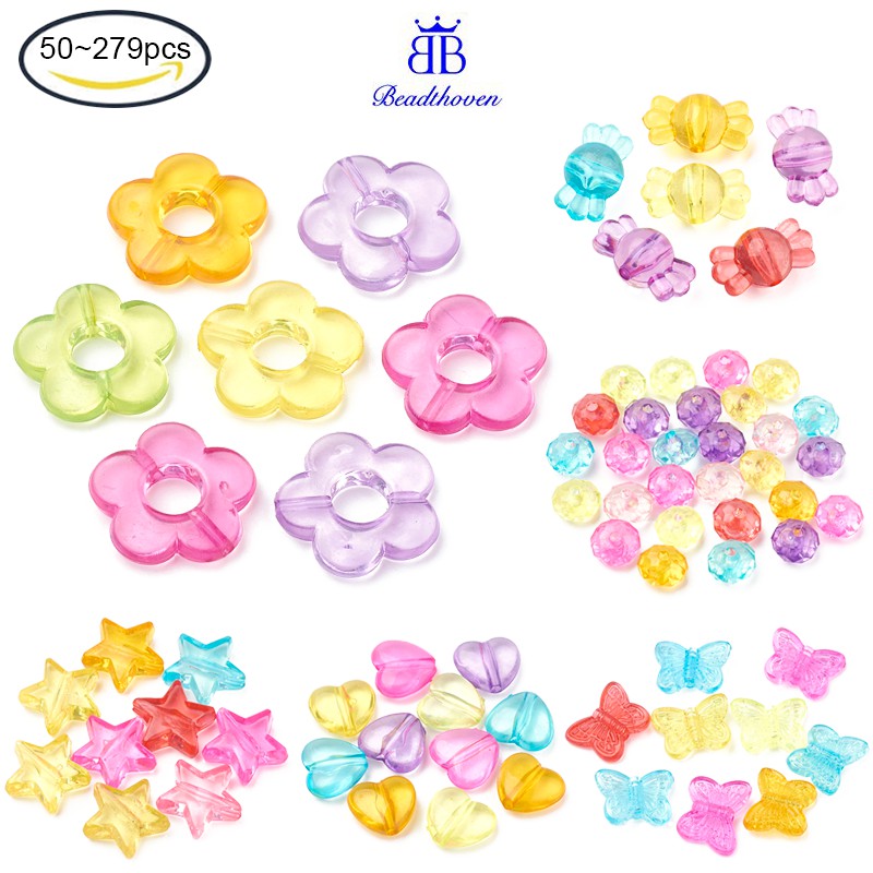 Set 50 hạt acrylic trong suốt 13x14x5mm lỗ 1.5mm màu sắc hỗn hợp