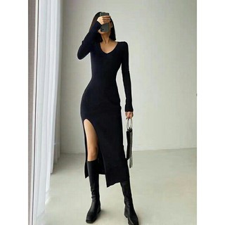 Đầm thun cổ tim xẻ hông
