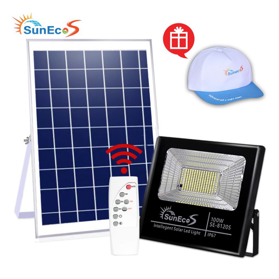 Đèn năng lượng mặt trời Suneco 100W, đèn pha led năng lượng mặt trời, cảm biến ánh sáng tự động, bảo hành 24 tháng00