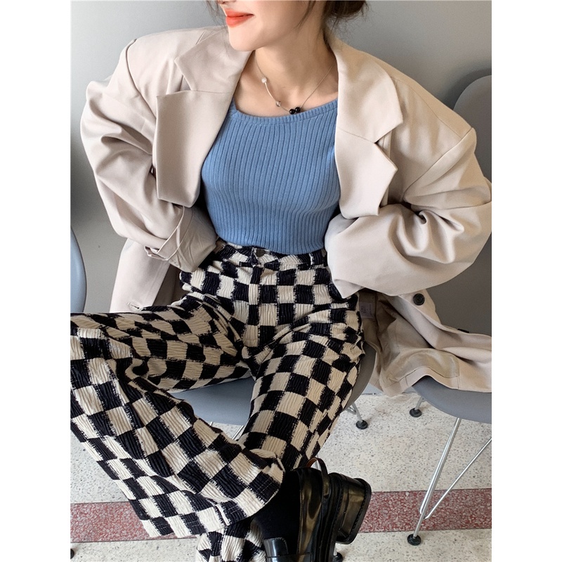 Bộ Áo Khoác Dệt Kim Dài Tay Dáng Rộng + Quần Dài Lưng Cao Sọc Ca Rô Thời Trang Mới 45360 | BigBuy360 - bigbuy360.vn