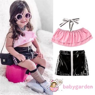 Set Áo Cổ Yếm Cột Dây + Chân Váy Da Mini Cho Bé Gái 1-6 Tuổi