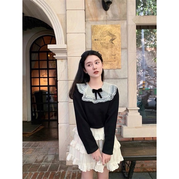 ⚡Giá huỷ diệt ⚡️Sét áo tơ cổ nở mix chân váy đũi 3 tầng siêu đẹp