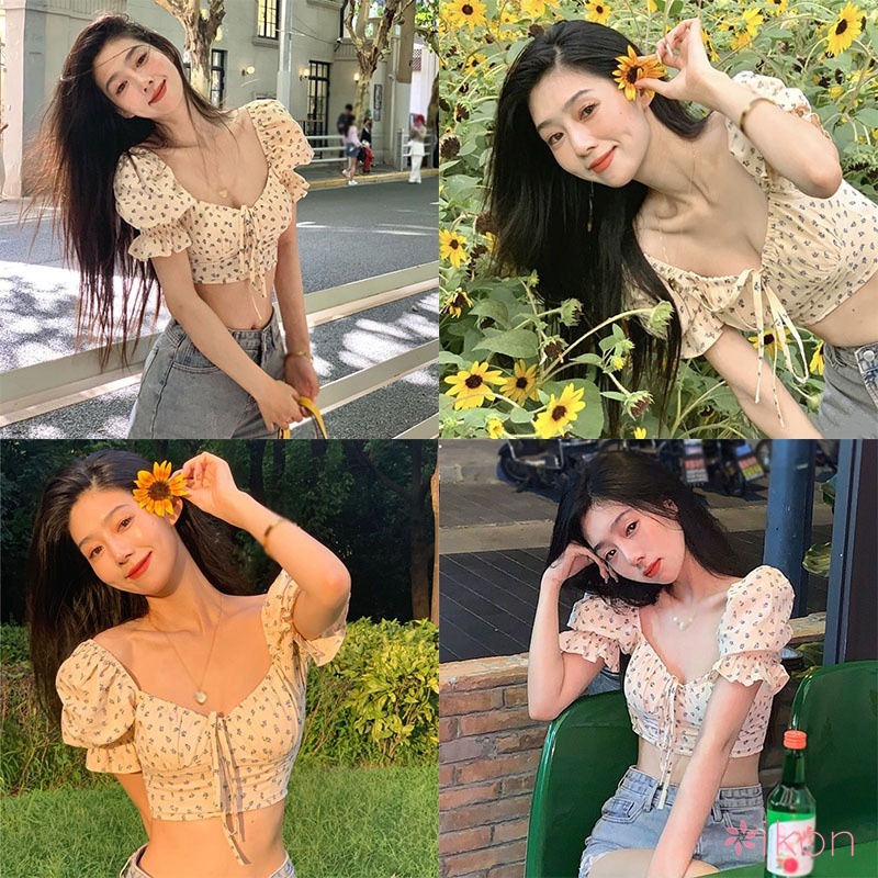 Áo Croptop Tay Ngắn Chất Chiffon Phối Nơ Thiết Kế Thanh Lịch