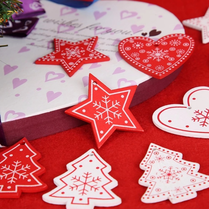 Set 12 Miếng Gỗ Hình Bông Tuyết Màu Đỏ / Trắng Treo Trang Trí Cây Thông Noel