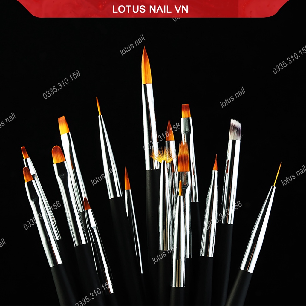 Bộ cọ nail, set cọ vẽ móng Lotus 16 cây cao cấp đủ loại, bao da xịn