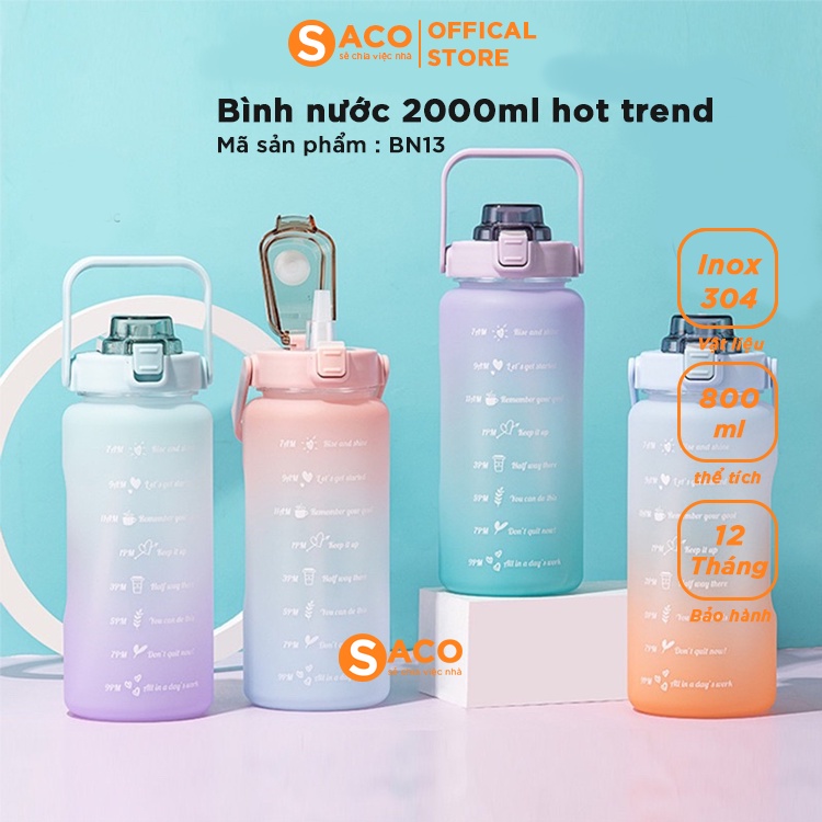 Bình Đựng Nước 2000ml Dễ Thương Có Vạch Báo Giờ Uống Nước, Bình Nước Hot Trend