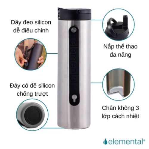 Bình giữ nhiệt Elemental sport 590ml màu bạc, giữ nhiệt tốt, inox 304, thời trang