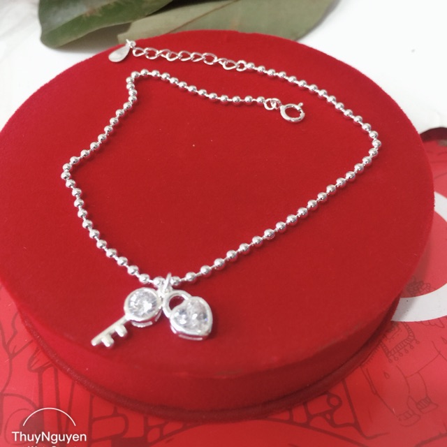 Lắc chân bi hình ổ khoá chìa khoá đính đá nhân tạo bạc chuẩn