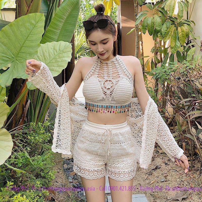 (Hàng nhập) SET 3 MÓN Bikini len móc đi biển Trắng Quảng Châu #1800